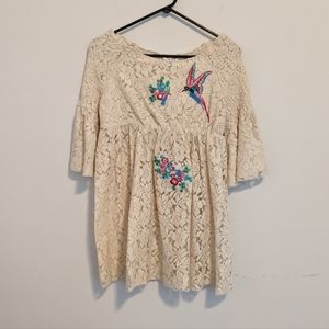 Missguided Peace + Love cream lace baby doll tunic top flower embroidered medium